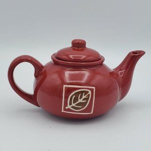 Vintage Mini Tea Pot for One 12 Oz Red with Leaf Pattern Glazed Porcelain
